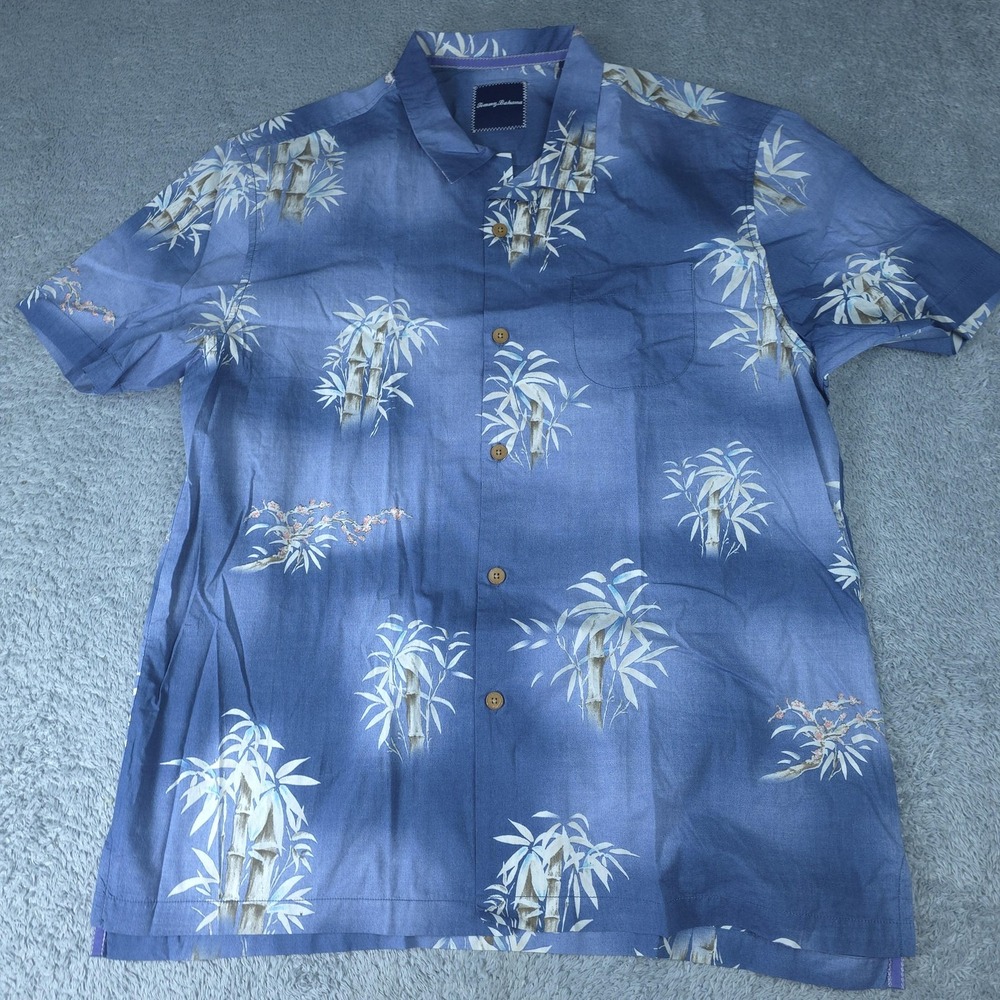 Tommy Bahama Shirt Mens XL Blue Bamboo Floral Cotton Short Sleeve Button Up